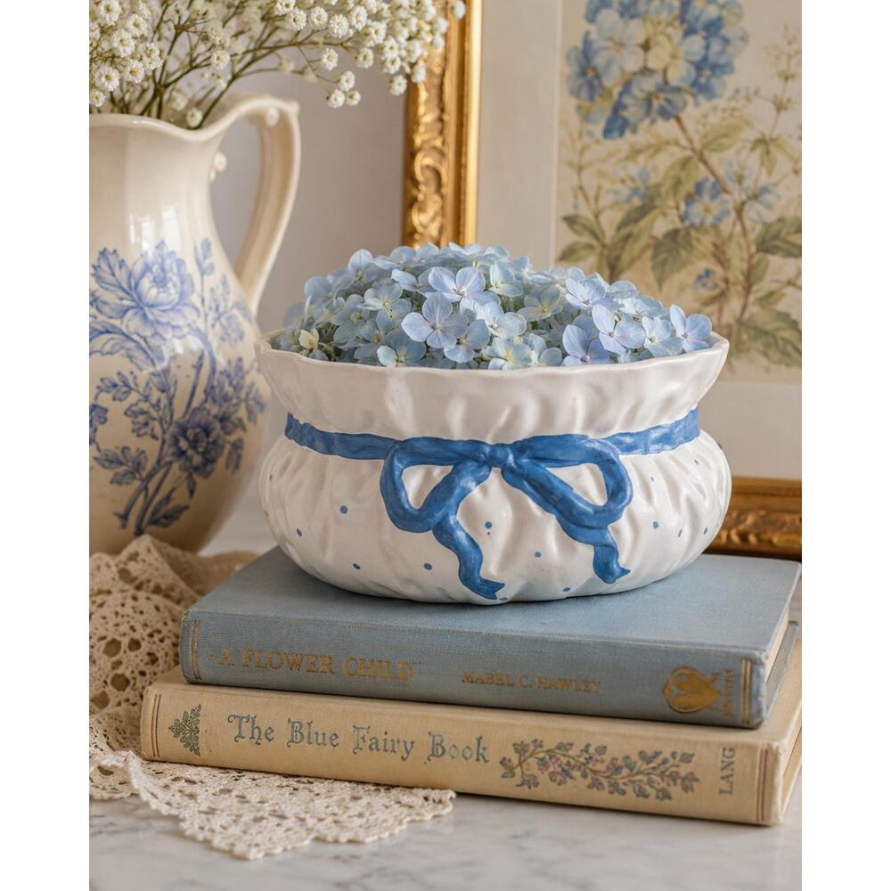 Vintage FTD Ceramic Ribbon Bowl Planter: Blue Bow, Polka Dots, Cottagecore Decor